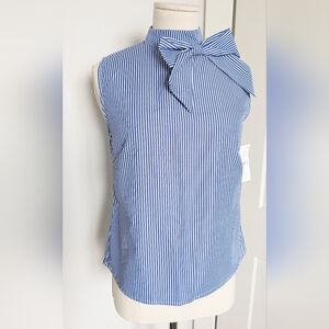 NWT Lili Sidonio Molly Bracken Bow Pinstripe Blue White Sleeveless Blouse Top XS